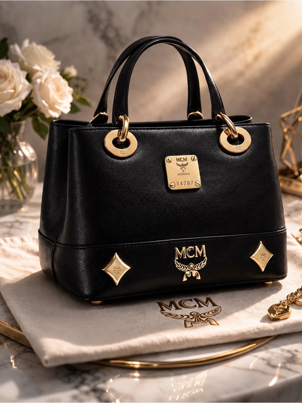 MCM Mini Black Tote with Gold Accents